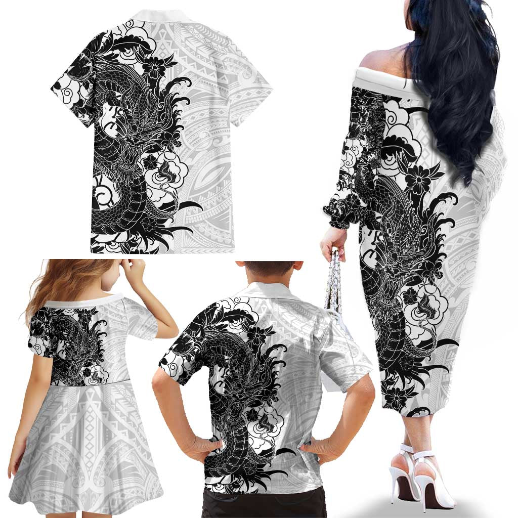 Hawaiian And Japanese Culture Family Matching Off The Shoulder Long Sleeve Dress and Hawaiian Shirt Irezumi Dragon With Polynesian Pattern White LT05 - Polynesian Pride