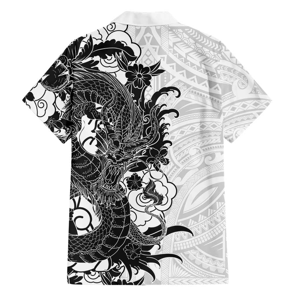 Hawaiian And Japanese Culture Family Matching Off The Shoulder Long Sleeve Dress and Hawaiian Shirt Irezumi Dragon With Polynesian Pattern White LT05 - Polynesian Pride