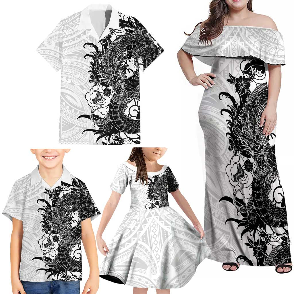 Hawaiian And Japanese Culture Family Matching Off Shoulder Maxi Dress and Hawaiian Shirt Irezumi Dragon With Polynesian Pattern White - Polynesian Pride