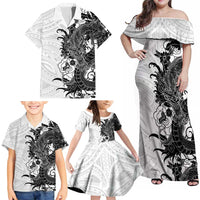 Hawaiian And Japanese Culture Family Matching Off Shoulder Maxi Dress and Hawaiian Shirt Irezumi Dragon With Polynesian Pattern White LT05 - Polynesian Pride