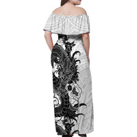 Hawaiian And Japanese Culture Family Matching Off Shoulder Maxi Dress and Hawaiian Shirt Irezumi Dragon With Polynesian Pattern White LT05 - Polynesian Pride
