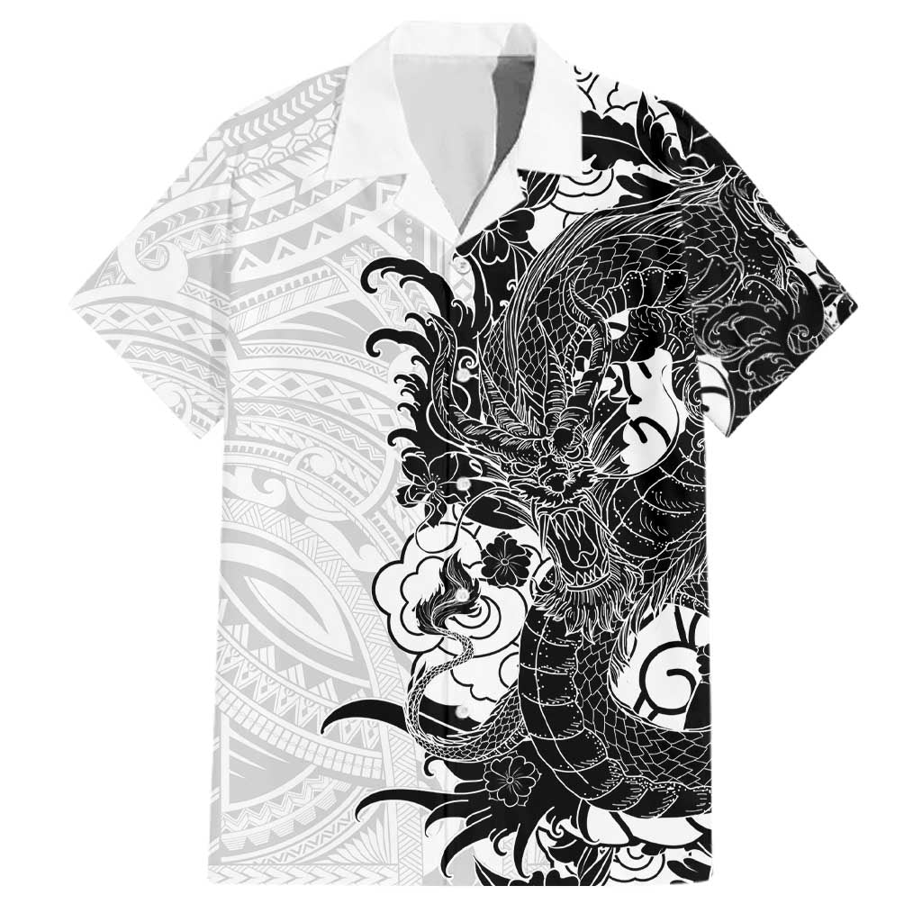 Hawaiian And Japanese Culture Family Matching Off Shoulder Short Dress and Hawaiian Shirt Irezumi Dragon With Polynesian Pattern White LT05 Dad's Shirt - Short Sleeve White - Polynesian Pride