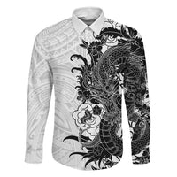 Hawaiian And Japanese Culture Family Matching Off Shoulder Short Dress and Hawaiian Shirt Irezumi Dragon With Polynesian Pattern White LT05 Dad's Shirt - Long Sleeve White - Polynesian Pride