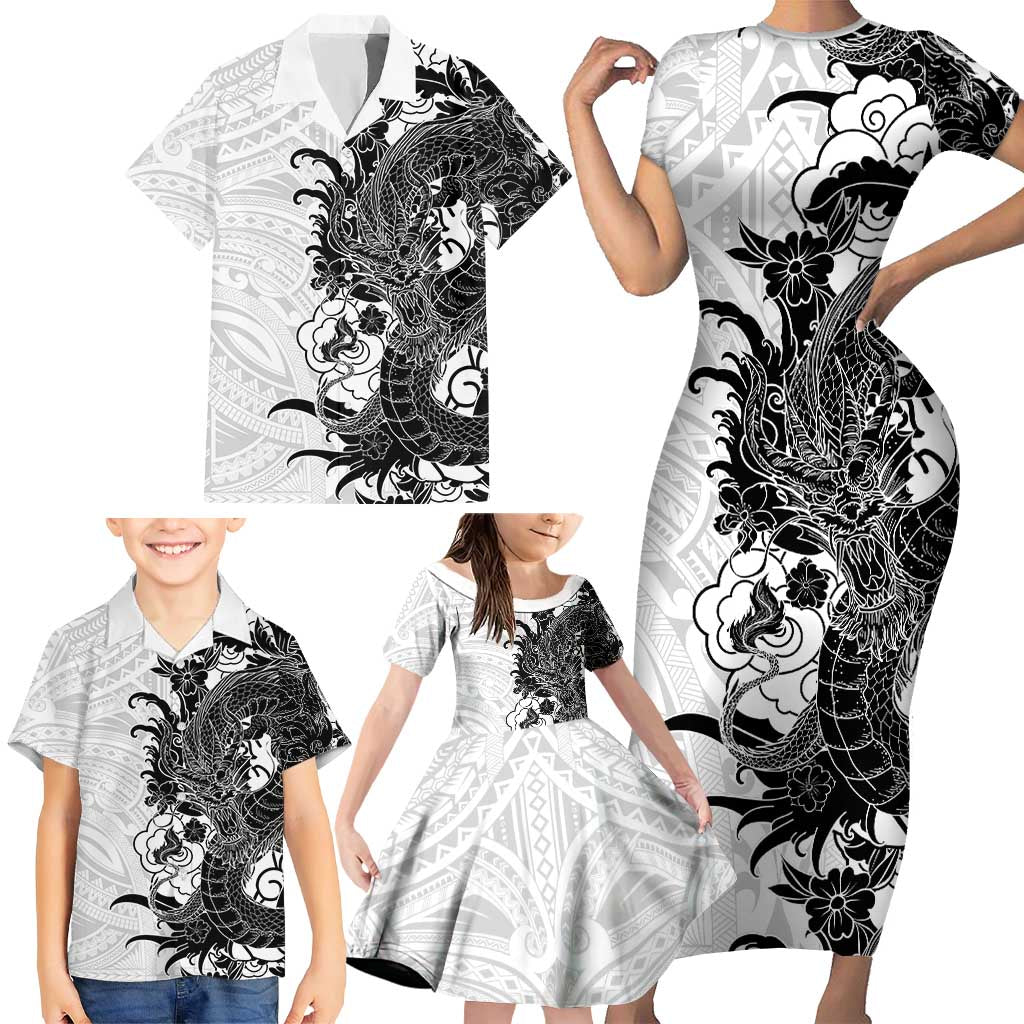 Hawaiian And Japanese Culture Family Matching Short Sleeve Bodycon Dress and Hawaiian Shirt Irezumi Dragon With Polynesian Pattern White LT05 - Polynesian Pride