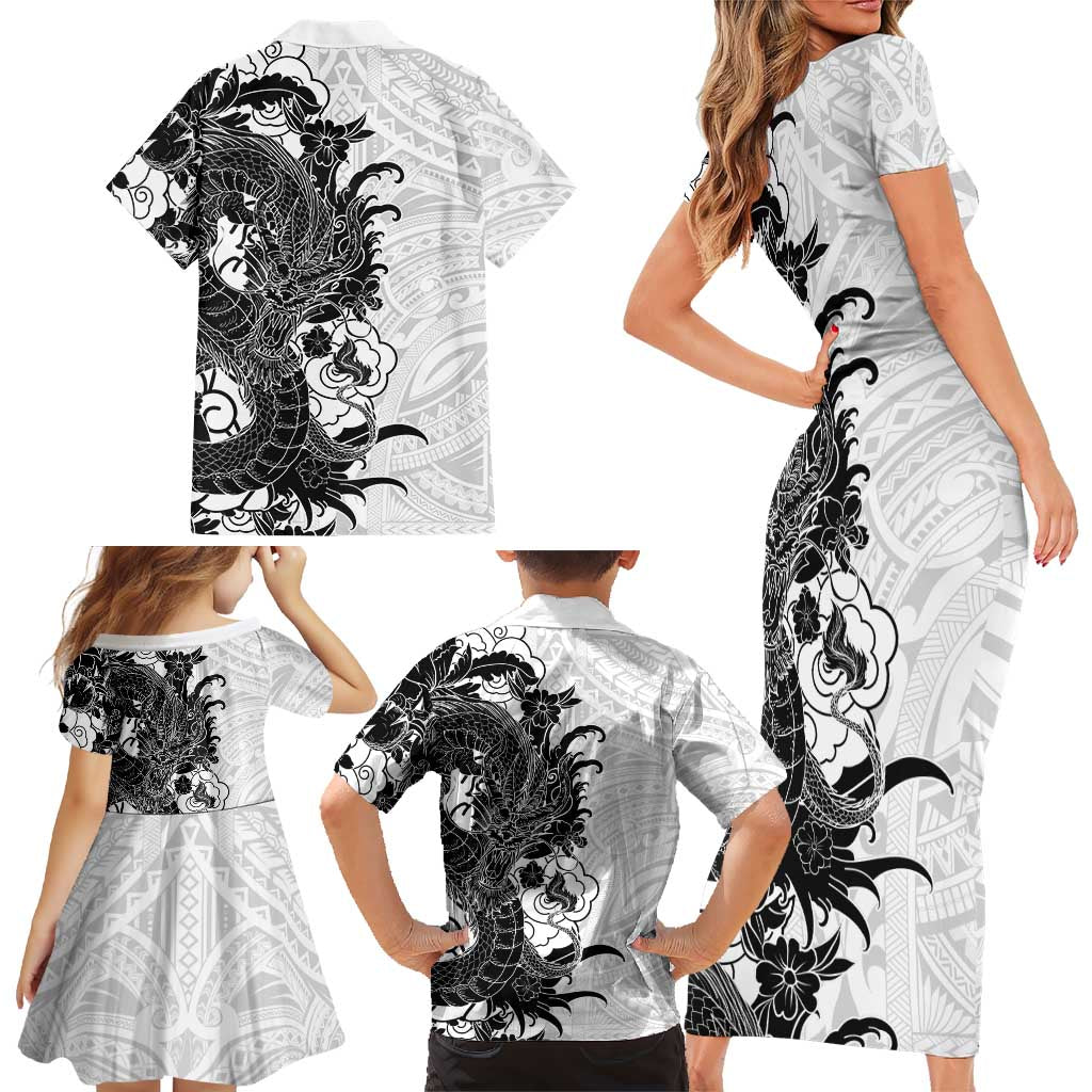 Hawaiian And Japanese Culture Family Matching Short Sleeve Bodycon Dress and Hawaiian Shirt Irezumi Dragon With Polynesian Pattern White LT05 - Polynesian Pride