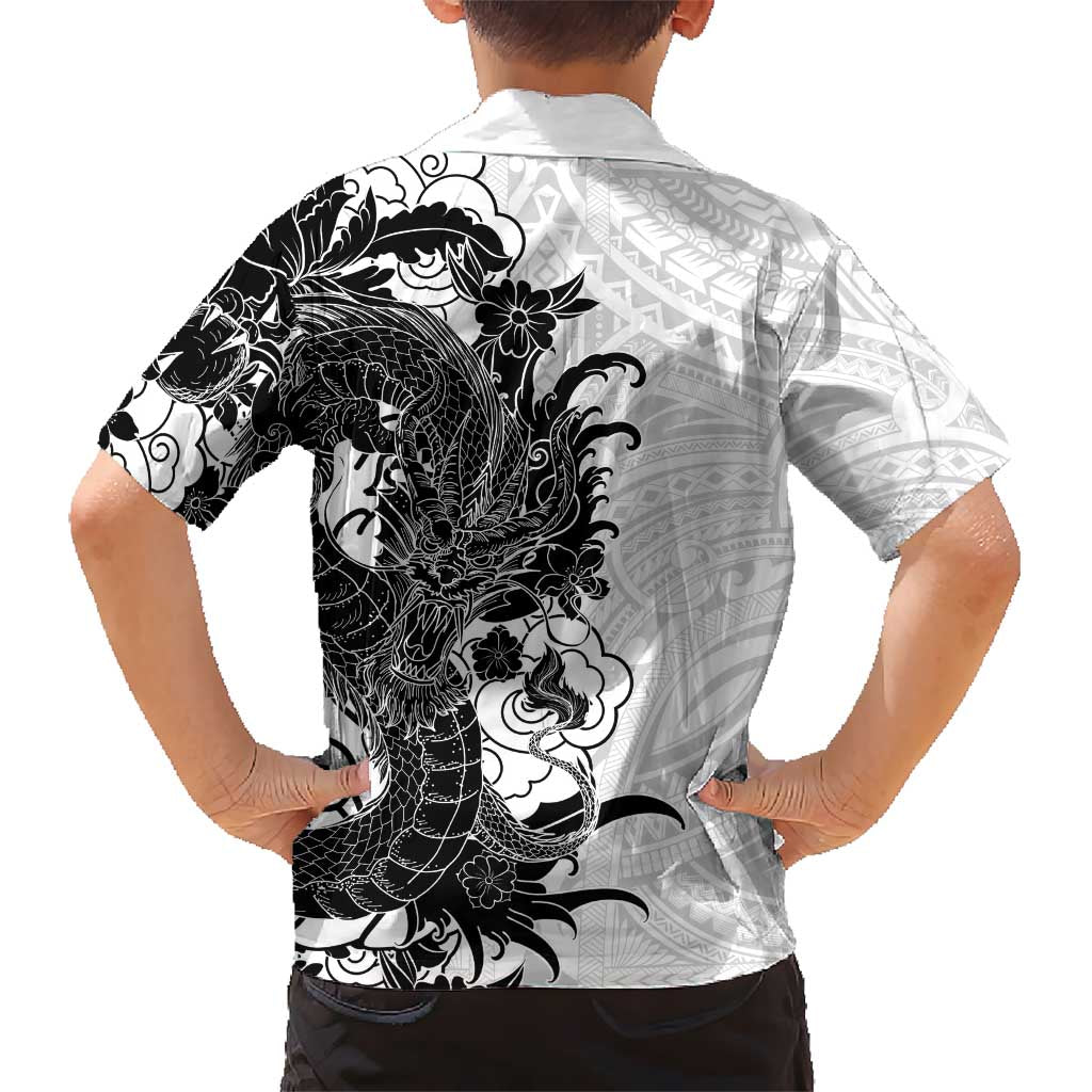 Hawaiian And Japanese Culture Family Matching Summer Maxi Dress and Hawaiian Shirt Irezumi Dragon With Polynesian Pattern White LT05 - Polynesian Pride