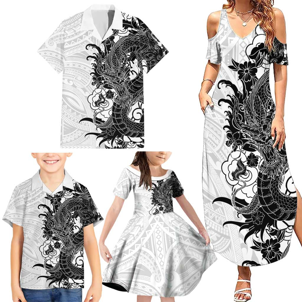 Hawaiian And Japanese Culture Family Matching Summer Maxi Dress and Hawaiian Shirt Irezumi Dragon With Polynesian Pattern White LT05 - Polynesian Pride