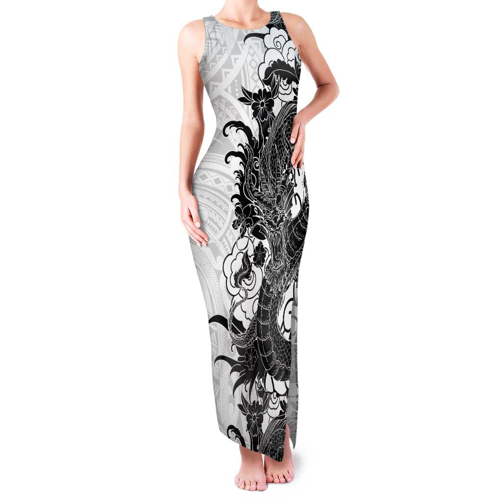Hawaiian And Japanese Culture Family Matching Tank Maxi Dress and Hawaiian Shirt Irezumi Dragon With Polynesian Pattern White LT05 Mom's Dress White - Polynesian Pride