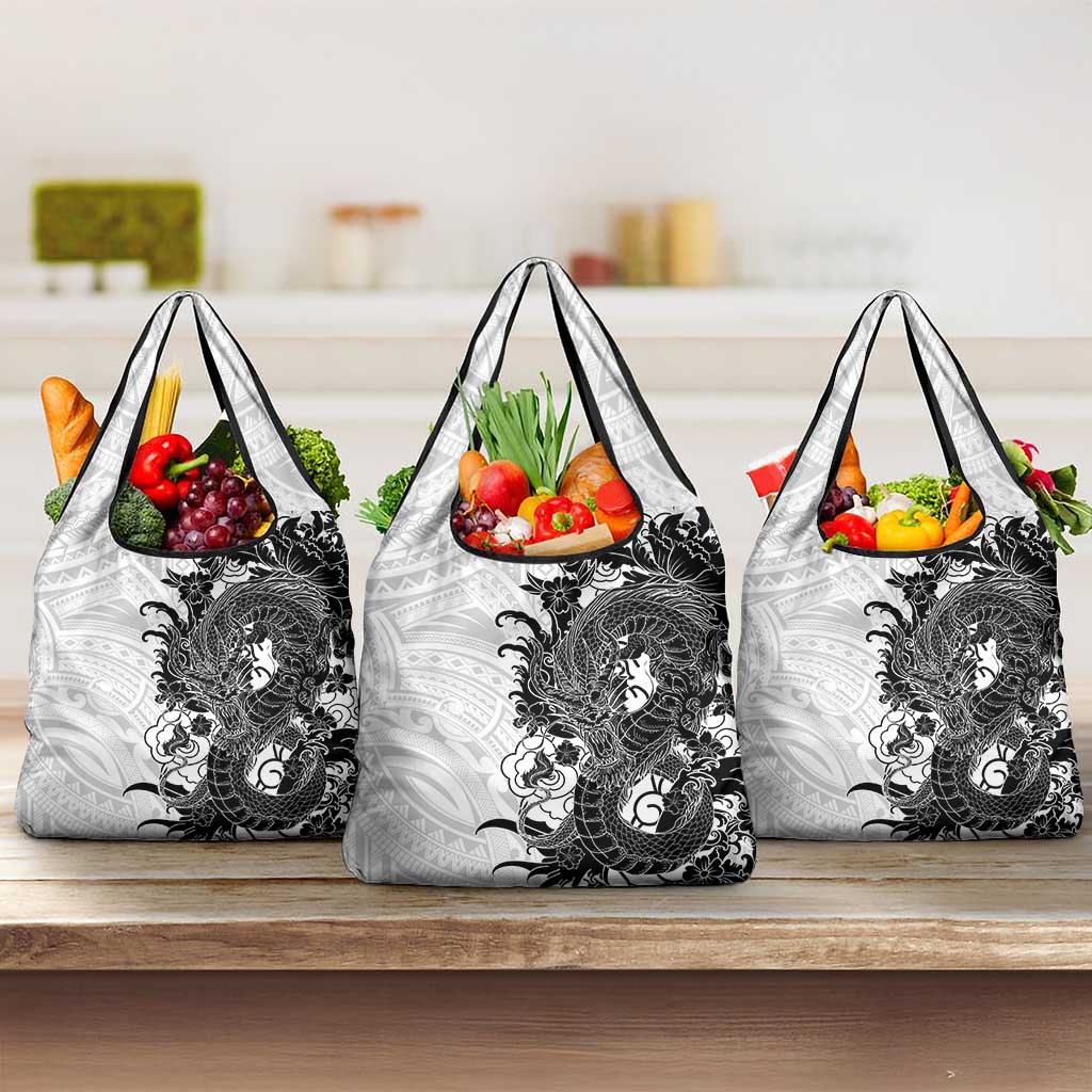 Hawaiian And Japanese Culture Grocery Bag Irezumi Dragon With Polynesian Pattern White LT05 3-pack One Size White - Polynesian Pride