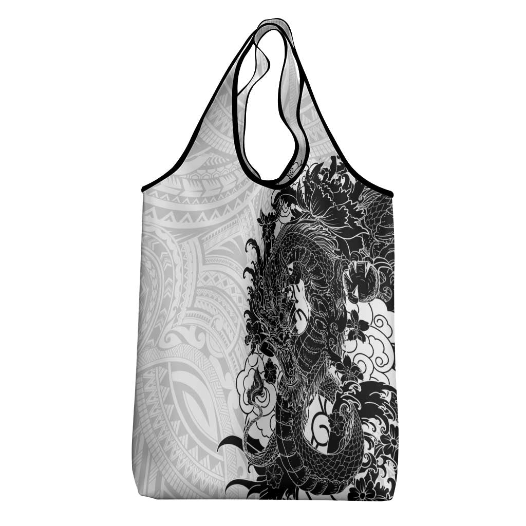 Hawaiian And Japanese Culture Grocery Bag Irezumi Dragon With Polynesian Pattern White LT05 - Polynesian Pride