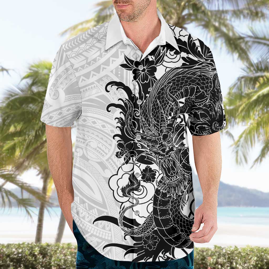 Hawaiian And Japanese Culture Hawaiian Shirt Irezumi Dragon With Polynesian Pattern White - Polynesian Pride
