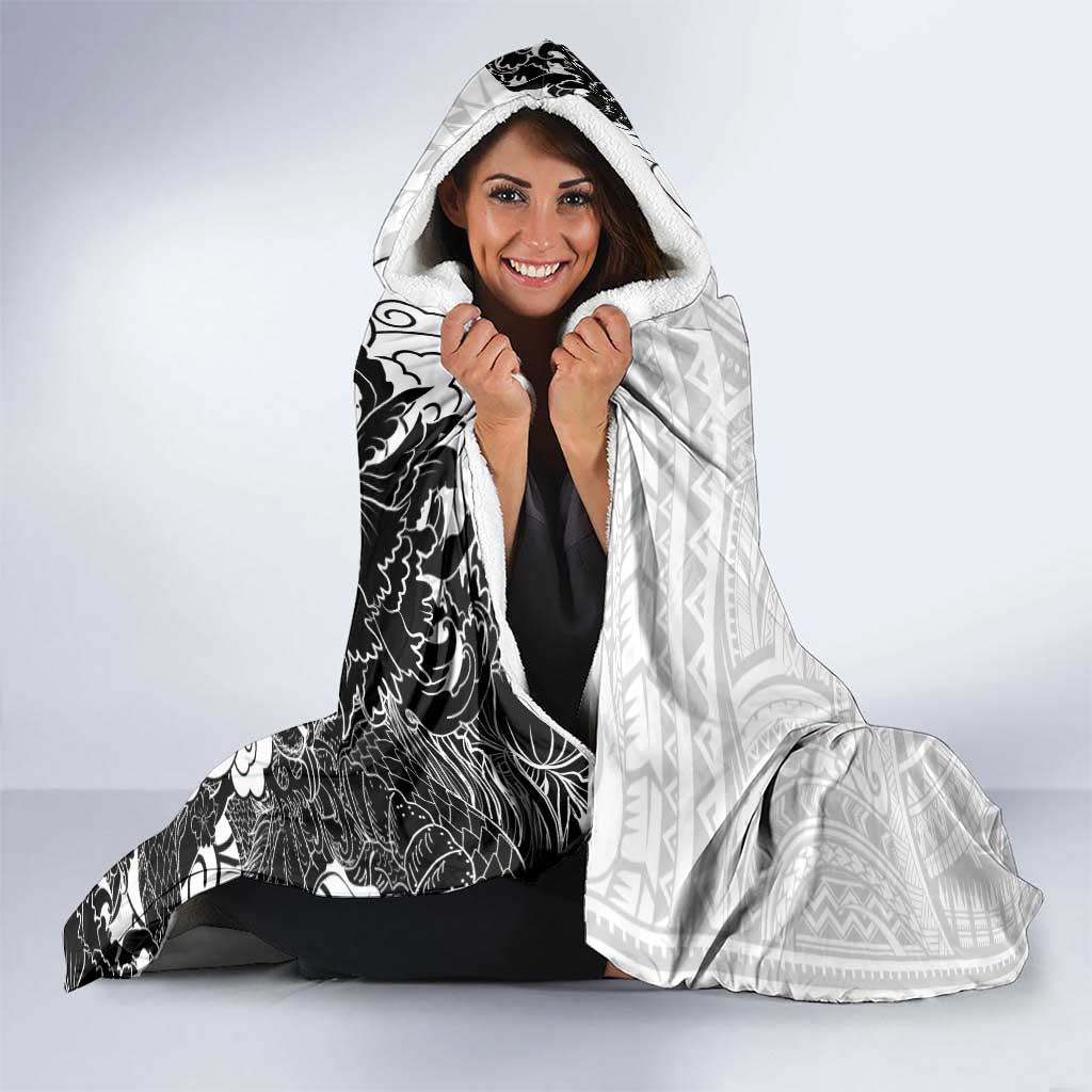 Hawaiian And Japanese Culture Hooded Blanket Irezumi Dragon With Polynesian Pattern White - Polynesian Pride