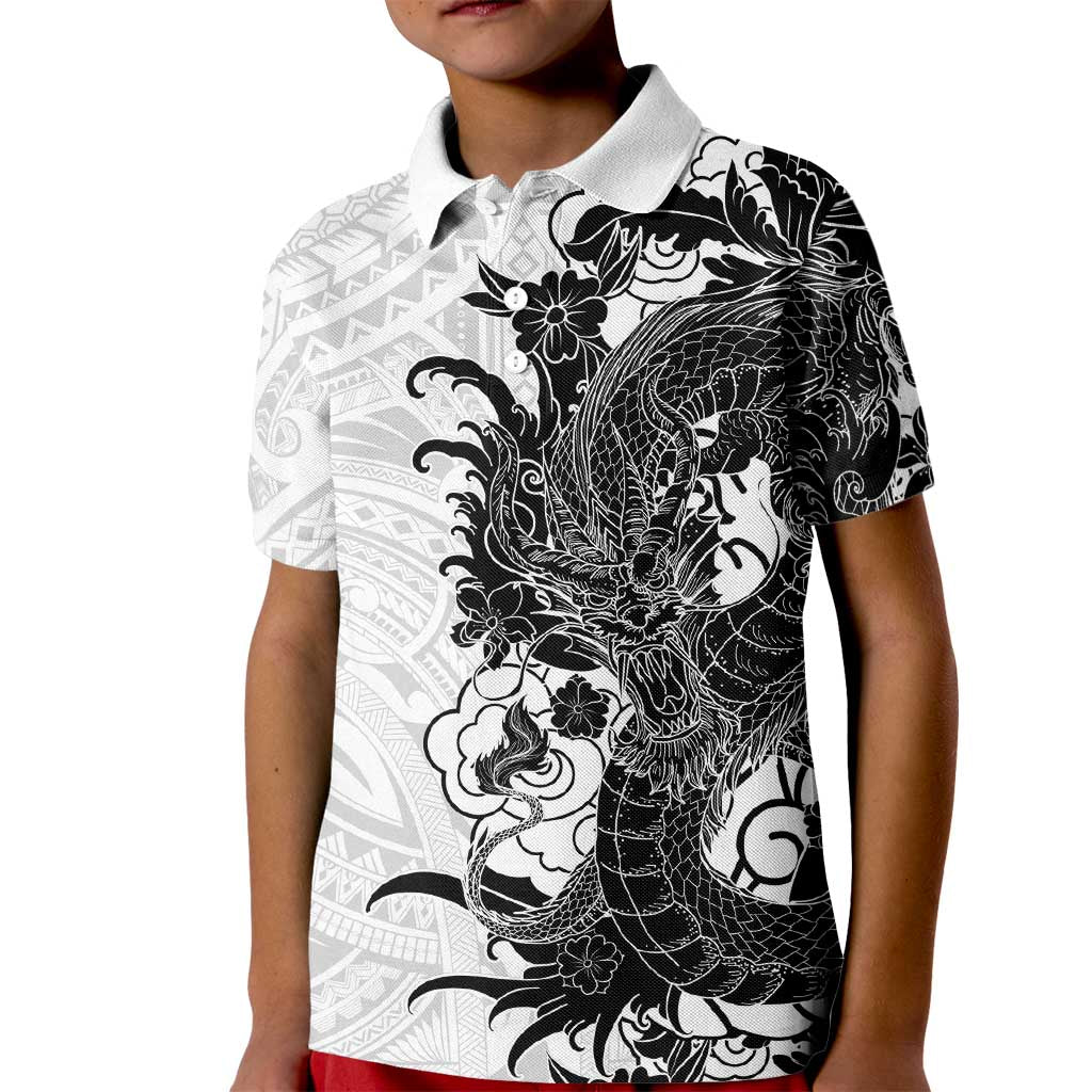 Hawaiian And Japanese Culture Kid Polo Shirt Irezumi Dragon With Polynesian Pattern White - Polynesian Pride