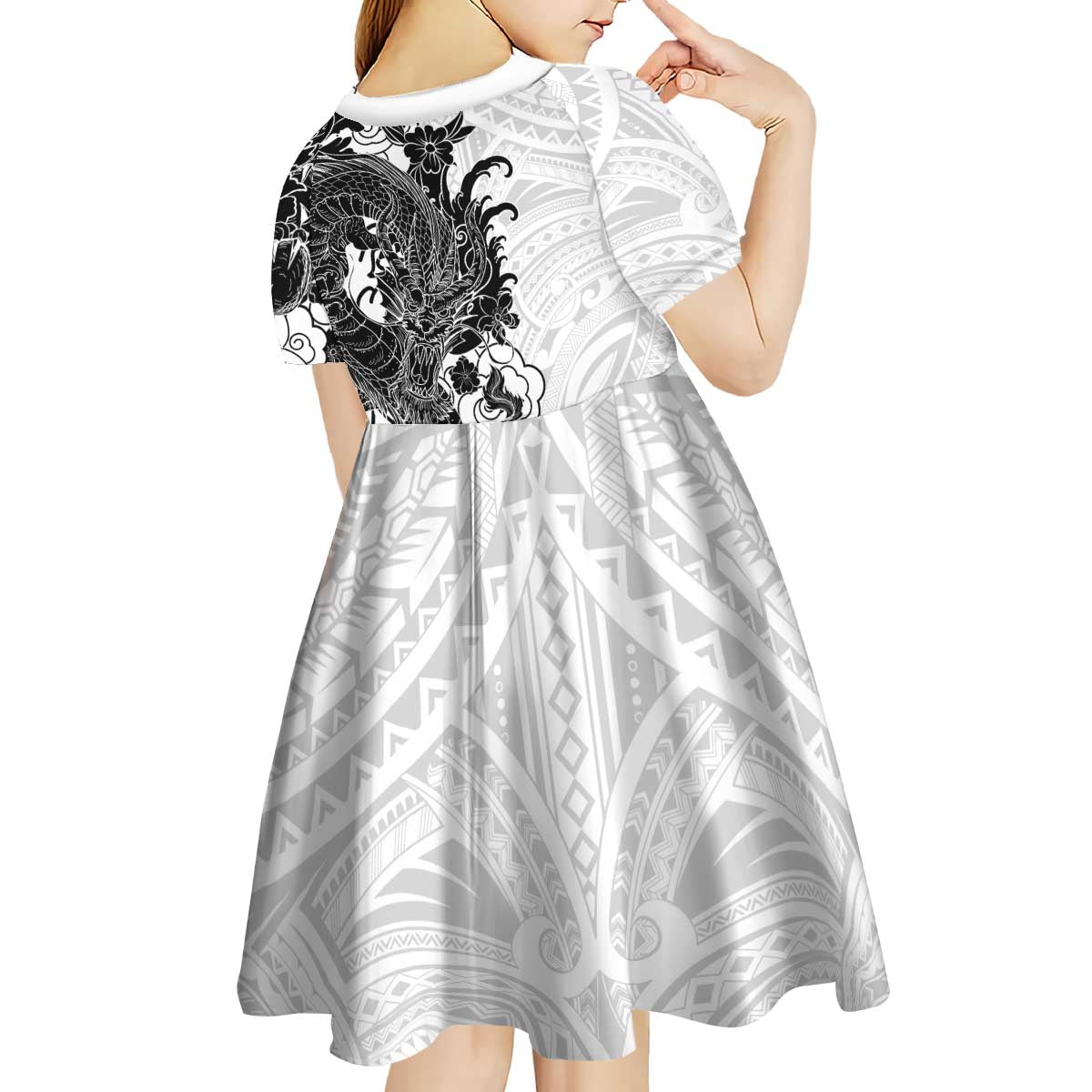 Hawaiian And Japanese Culture Kid Short Sleeve Dress Irezumi Dragon With Polynesian Pattern White - Polynesian Pride