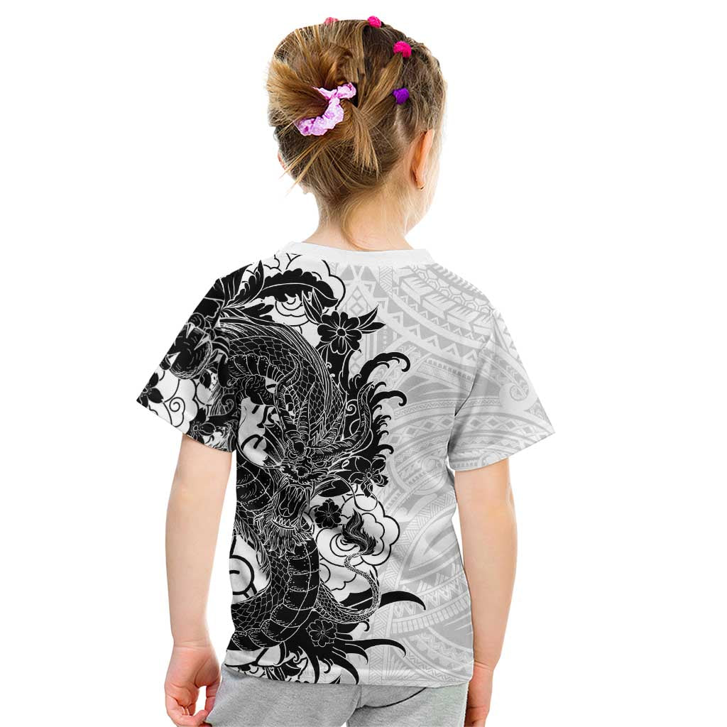 Hawaiian And Japanese Culture Kid T Shirt Irezumi Dragon With Polynesian Pattern White - Polynesian Pride