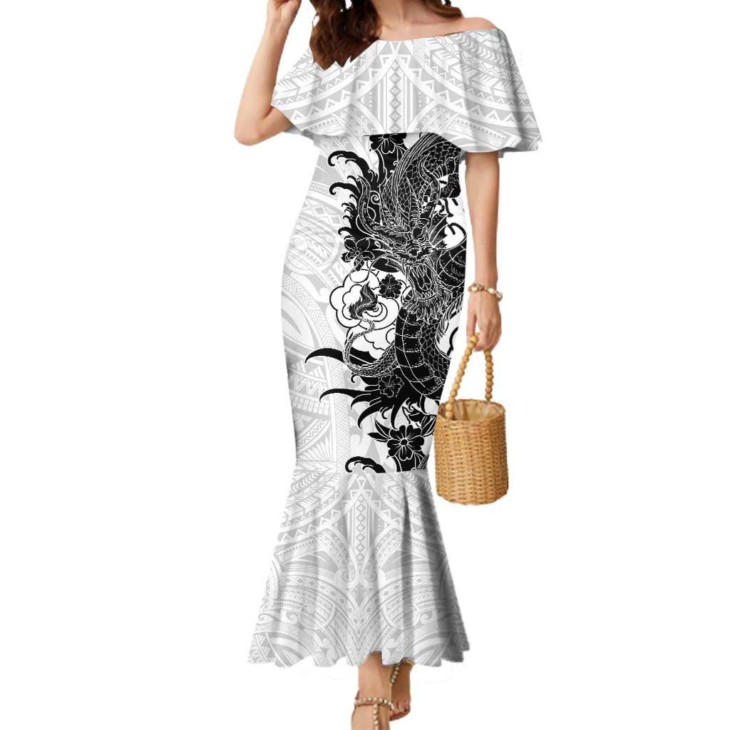 Hawaiian And Japanese Culture Mermaid Dress Irezumi Dragon With Polynesian Pattern White - Polynesian Pride