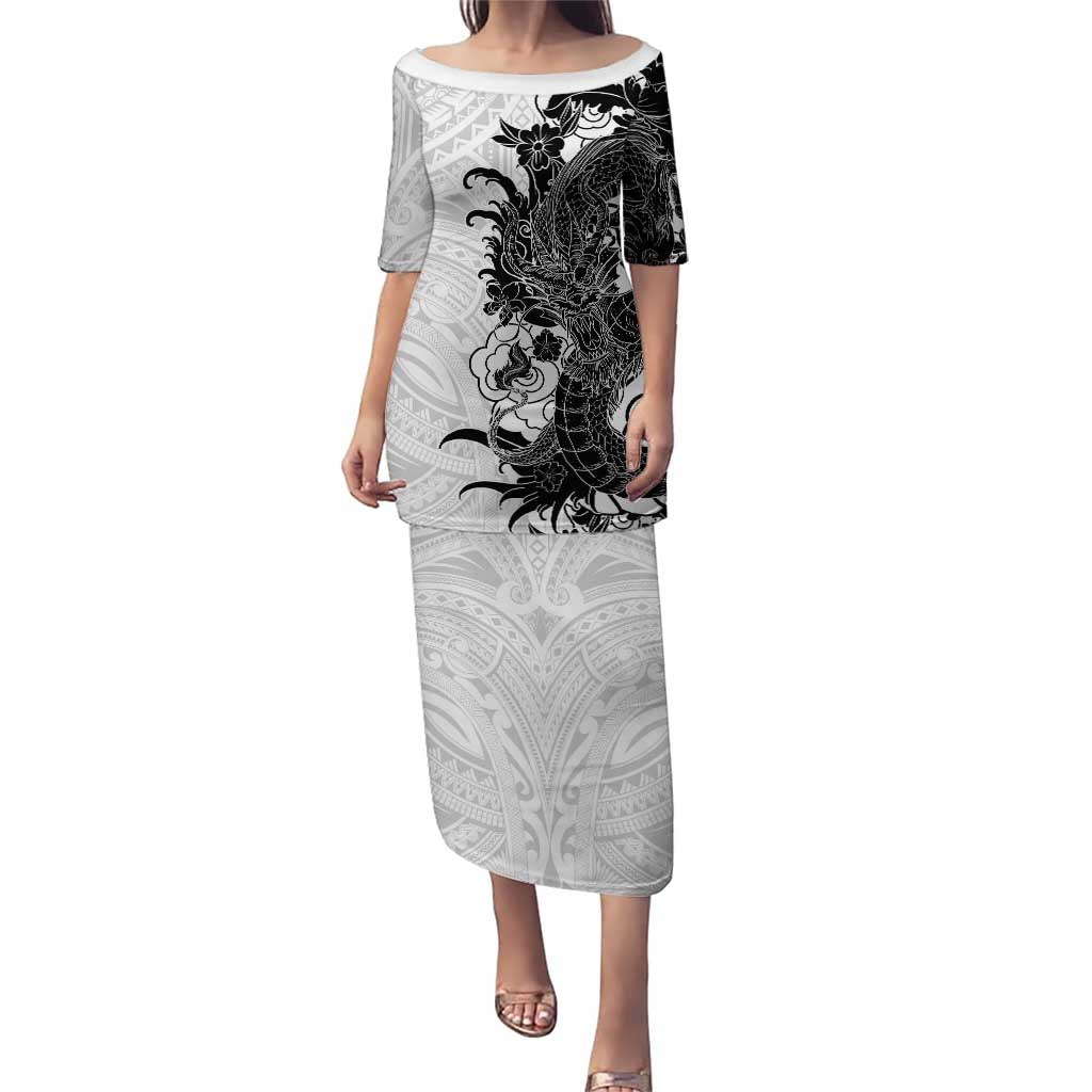Hawaiian And Japanese Culture Puletasi Irezumi Dragon With Polynesian Pattern White - Polynesian Pride