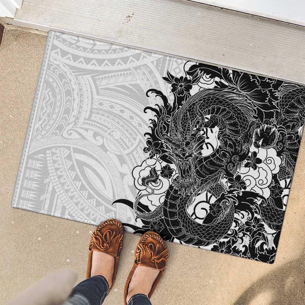 Hawaiian And Japanese Culture Rubber Doormat Irezumi Dragon With Polynesian Pattern White - Polynesian Pride