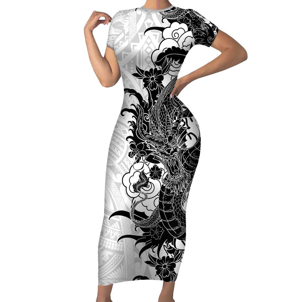 Hawaiian And Japanese Culture Short Sleeve Bodycon Dress Irezumi Dragon With Polynesian Pattern White LT05 Long Dress White - Polynesian Pride