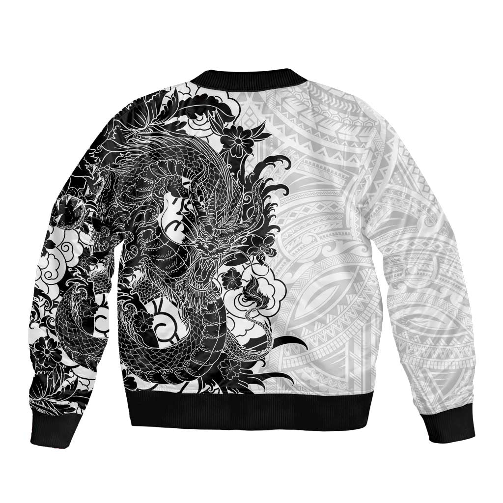 Hawaiian And Japanese Culture Sleeve Zip Bomber Jacket Irezumi Dragon With Polynesian Pattern White LT05 - Polynesian Pride