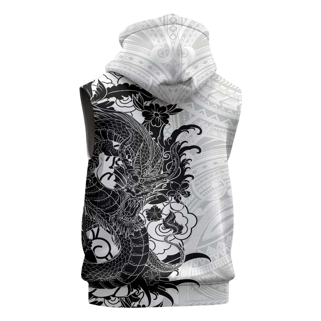 Hawaiian And Japanese Culture Sleeveless Zip Hoodie Irezumi Dragon With Polynesian Pattern White - Polynesian Pride