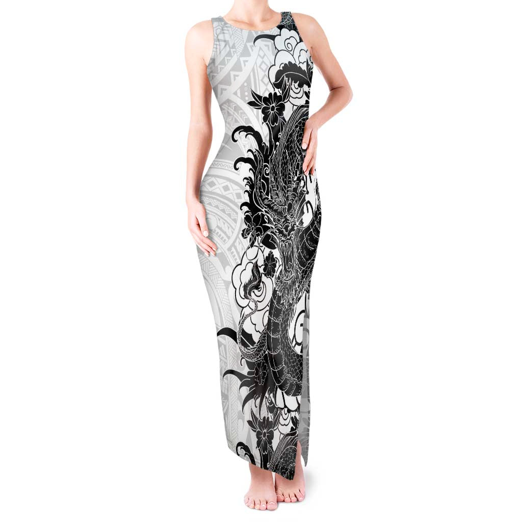 Hawaiian And Japanese Culture Tank Maxi Dress Irezumi Dragon With Polynesian Pattern White LT05 Women White - Polynesian Pride