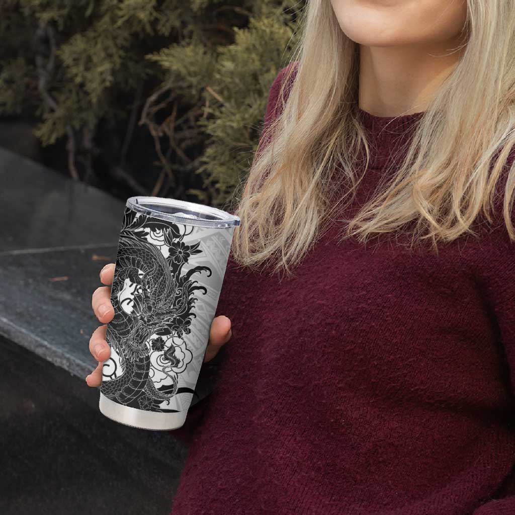 Hawaiian And Japanese Culture Tumbler Cup Irezumi Dragon With Polynesian Pattern White - Polynesian Pride