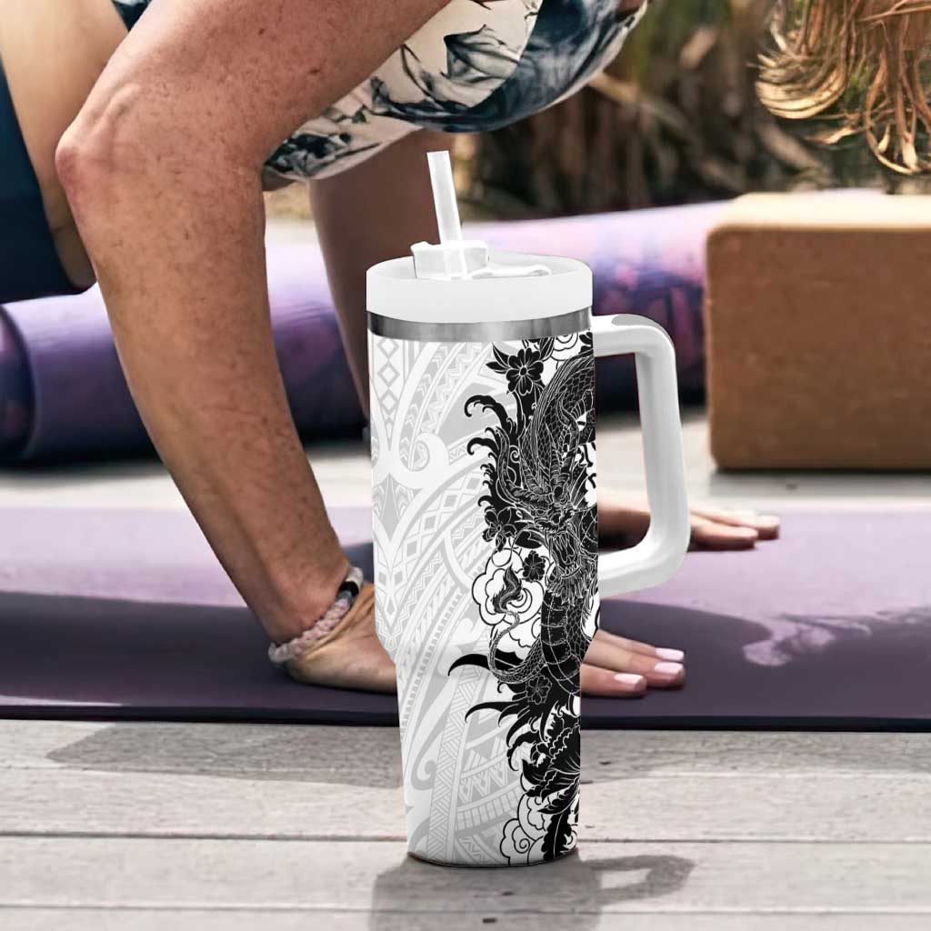 Hawaiian And Japanese Culture Tumbler With Handle Irezumi Dragon With Polynesian Pattern White - Polynesian Pride