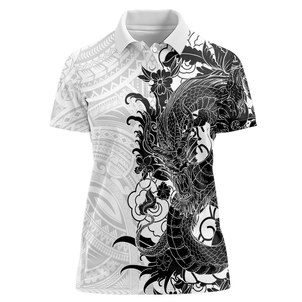 Hawaiian And Japanese Culture Women Polo Shirt Irezumi Dragon With Polynesian Pattern White - Polynesian Pride