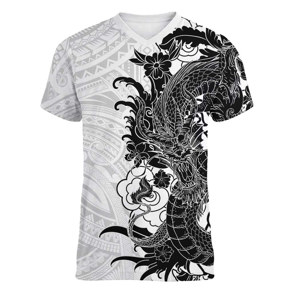 Hawaiian And Japanese Culture Women V-Neck T-Shirt Irezumi Dragon With Polynesian Pattern White - Polynesian Pride