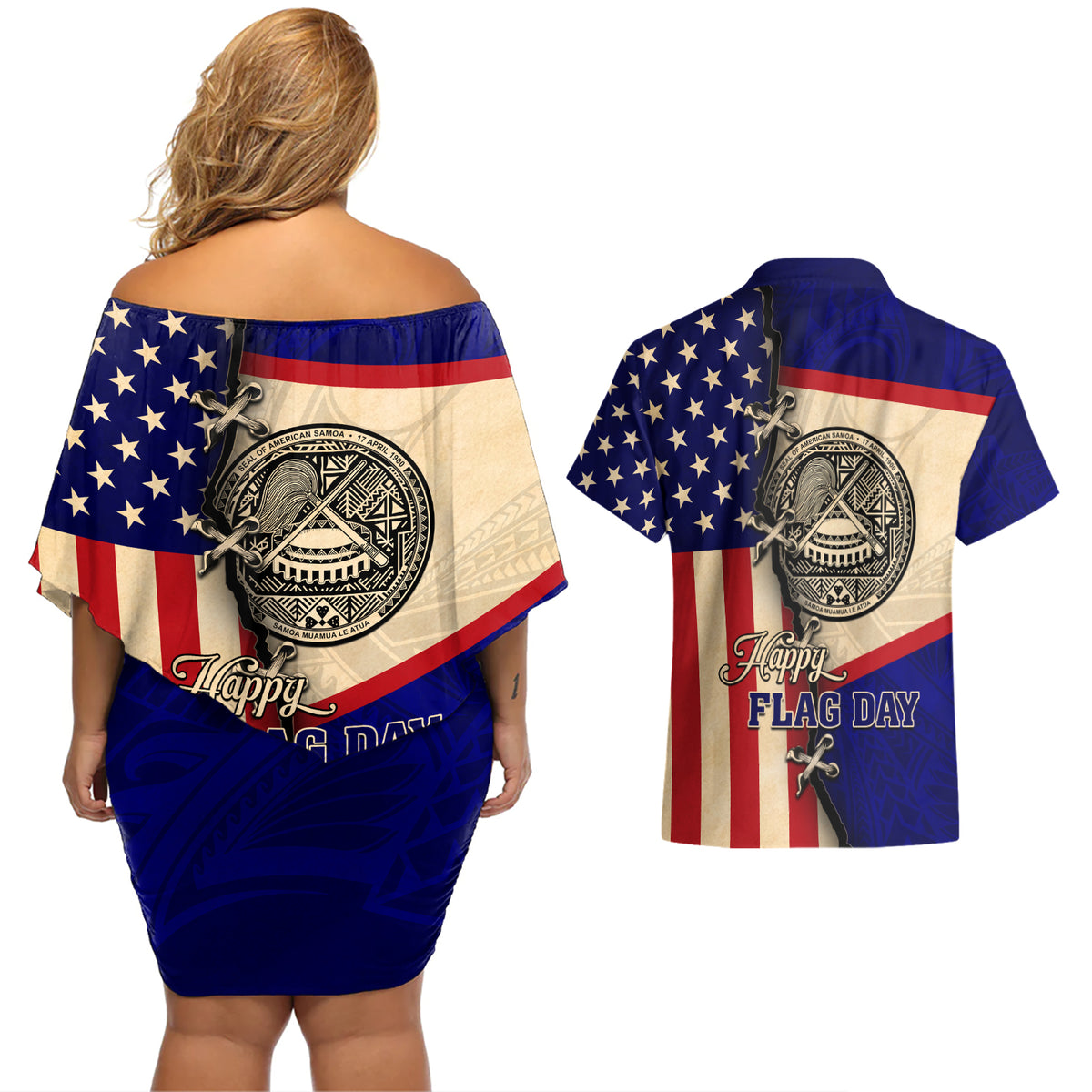 American Samoa Flag Day Couples Matching Off Shoulder Short Dress and Hawaiian Shirt Polynesian Tribal Pattern LT05 - Polynesian Pride