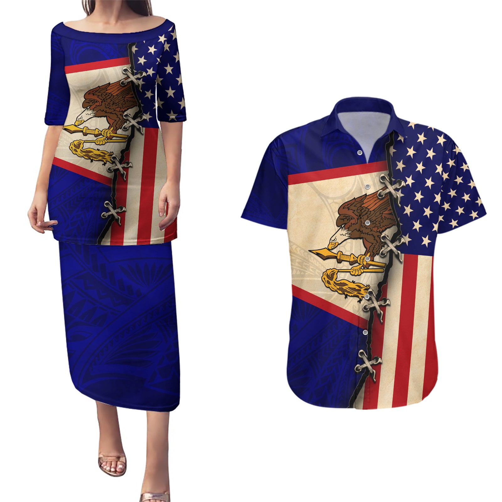 American Samoa Flag Day Couples Matching Puletasi and Hawaiian Shirt Polynesian Tribal Pattern LT05 Blue - Polynesian Pride