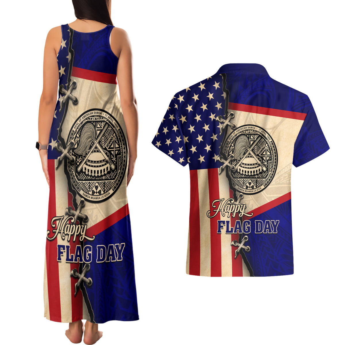 American Samoa Flag Day Couples Matching Tank Maxi Dress and Hawaiian Shirt Polynesian Tribal Pattern LT05 - Polynesian Pride