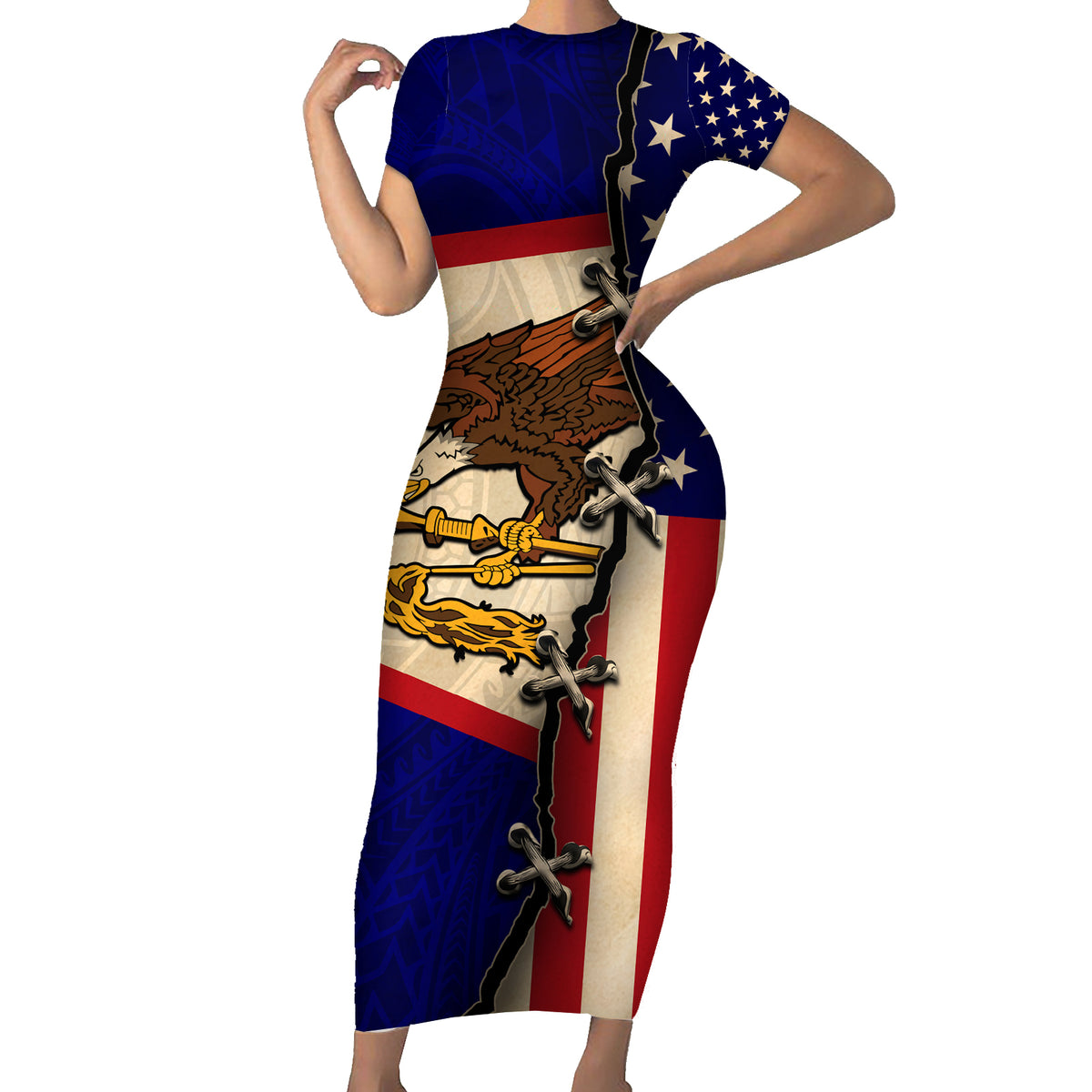 American Samoa Flag Day Short Sleeve Bodycon Dress Polynesian Tribal Pattern LT05 Long Dress Blue - Polynesian Pride