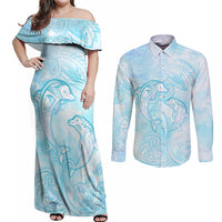 Polynesia Dolphins Under The Sea Couples Matching Off Shoulder Maxi Dress and Long Sleeve Button Shirt Simple Style LT05 Baby Blue - Polynesian Pride
