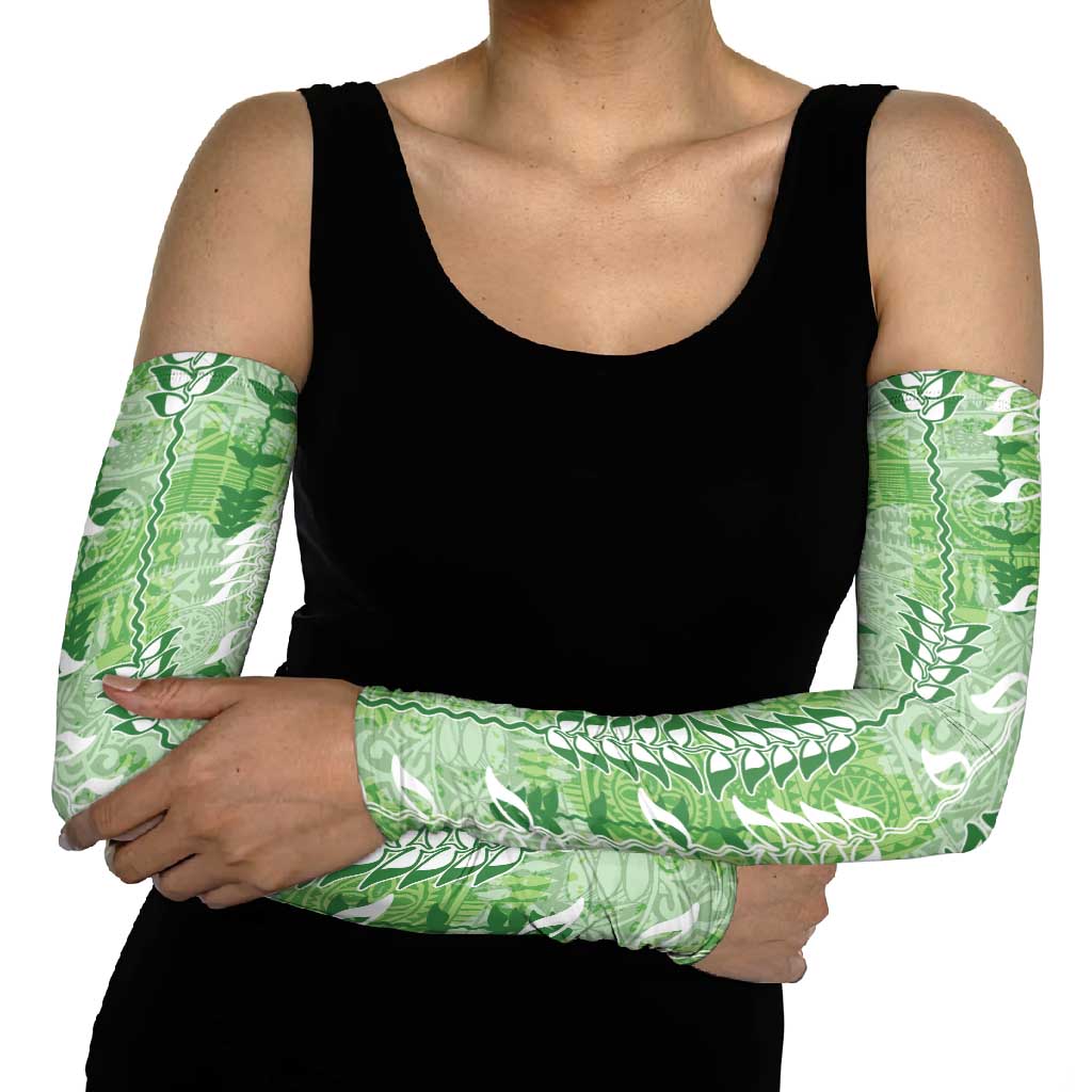 Green Hawaii Tapa Pattern Arm Sleeves With Heliconia Vintage Style