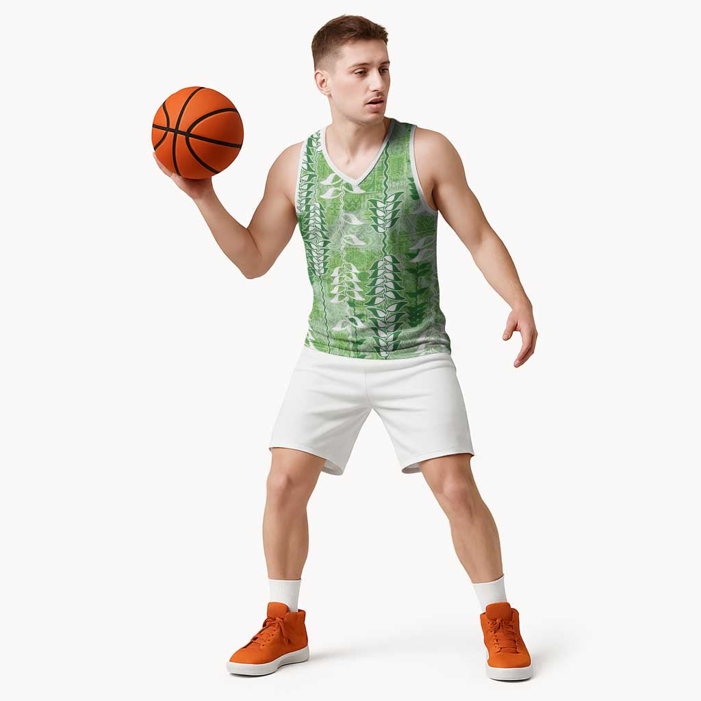 Green Hawaii Tapa Pattern Basketball Jersey With Heliconia Vintage Style