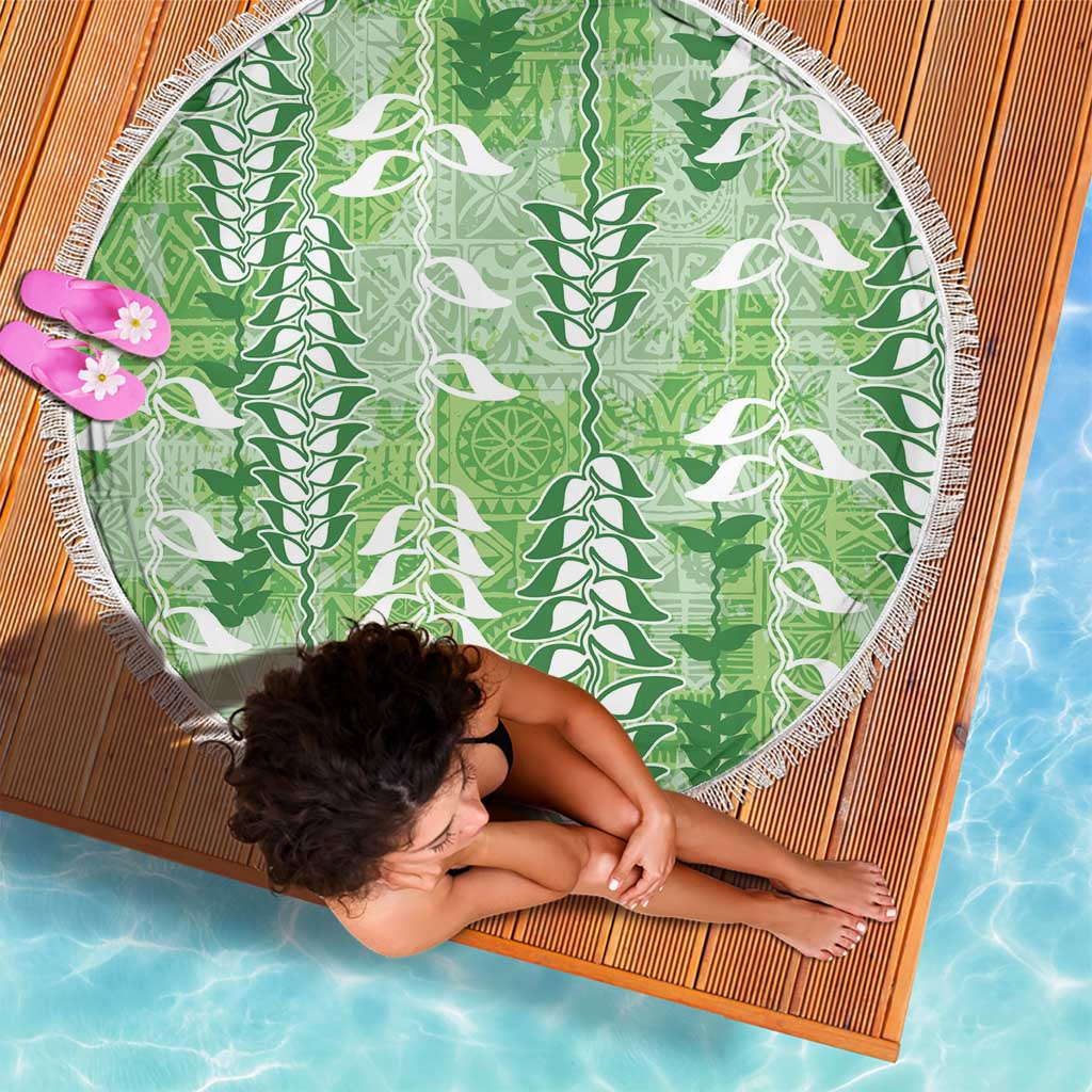 Green Hawaii Tapa Pattern Beach Blanket With Heliconia Vintage Style