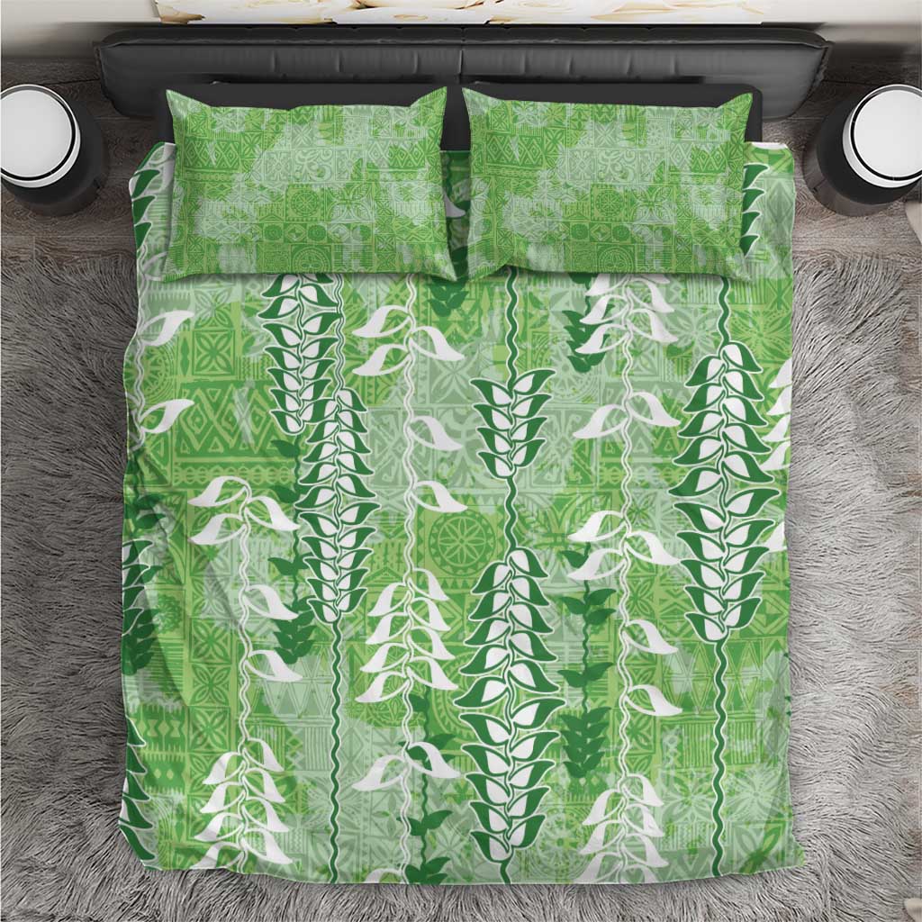 Green Hawaii Tapa Pattern Bedding Set With Heliconia Vintage Style