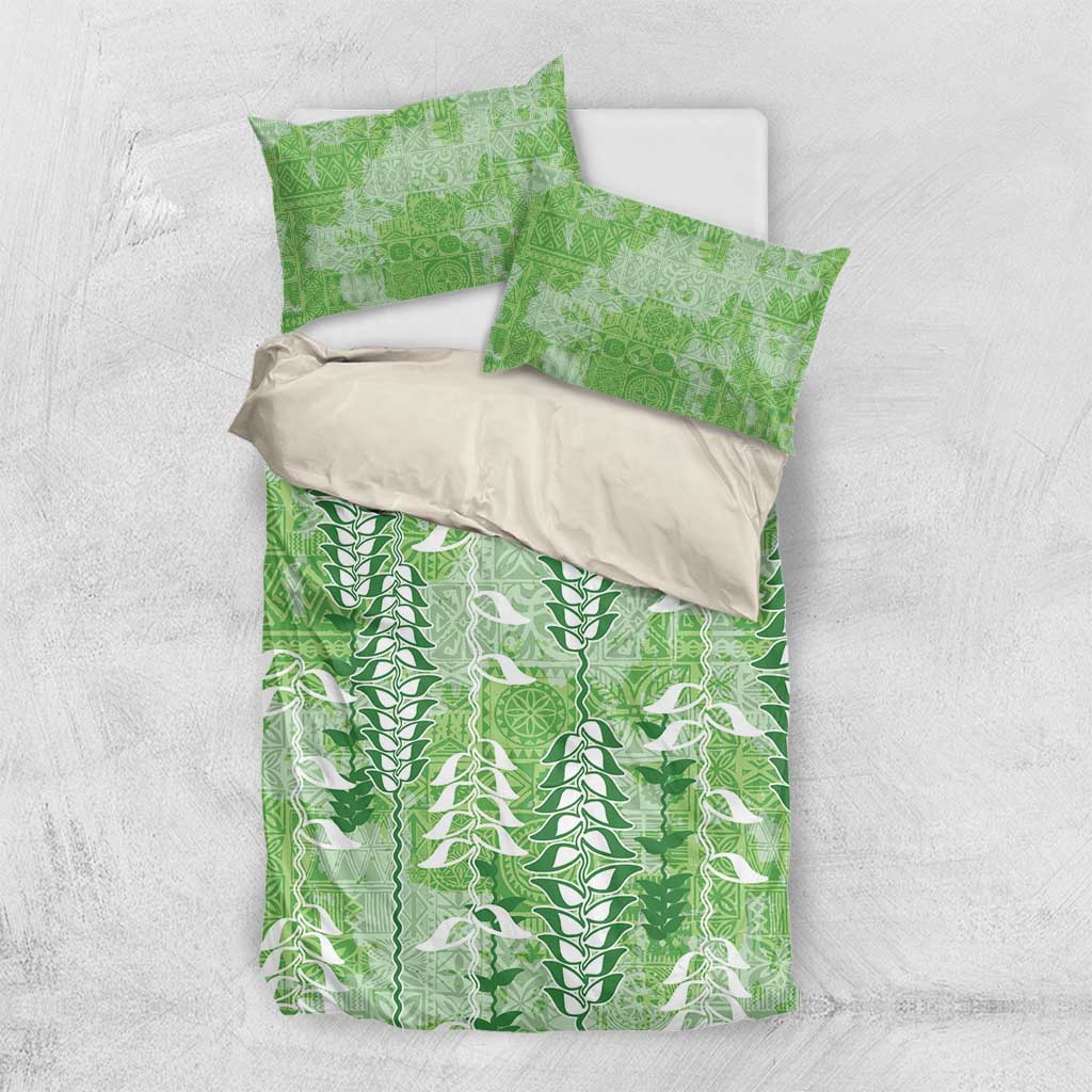 Green Hawaii Tapa Pattern Bedding Set With Heliconia Vintage Style