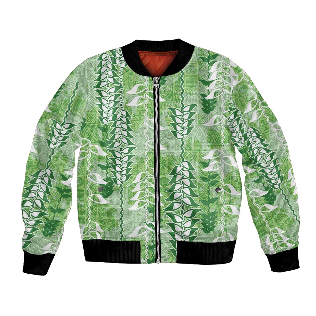 Green Hawaii Tapa Pattern Bomber Jacket With Heliconia Vintage Style