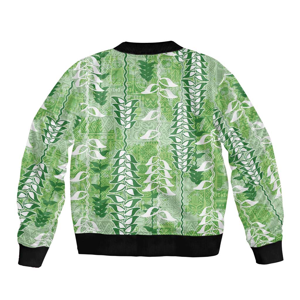 Green Hawaii Tapa Pattern Bomber Jacket With Heliconia Vintage Style