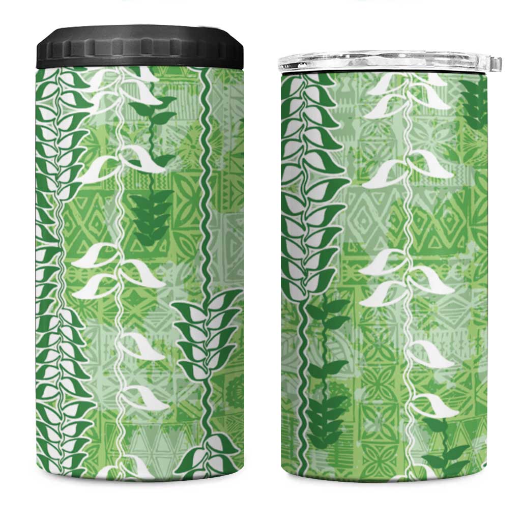 Green Hawaii Tapa Pattern 4 in 1 Can Cooler Tumbler With Heliconia Vintage Style