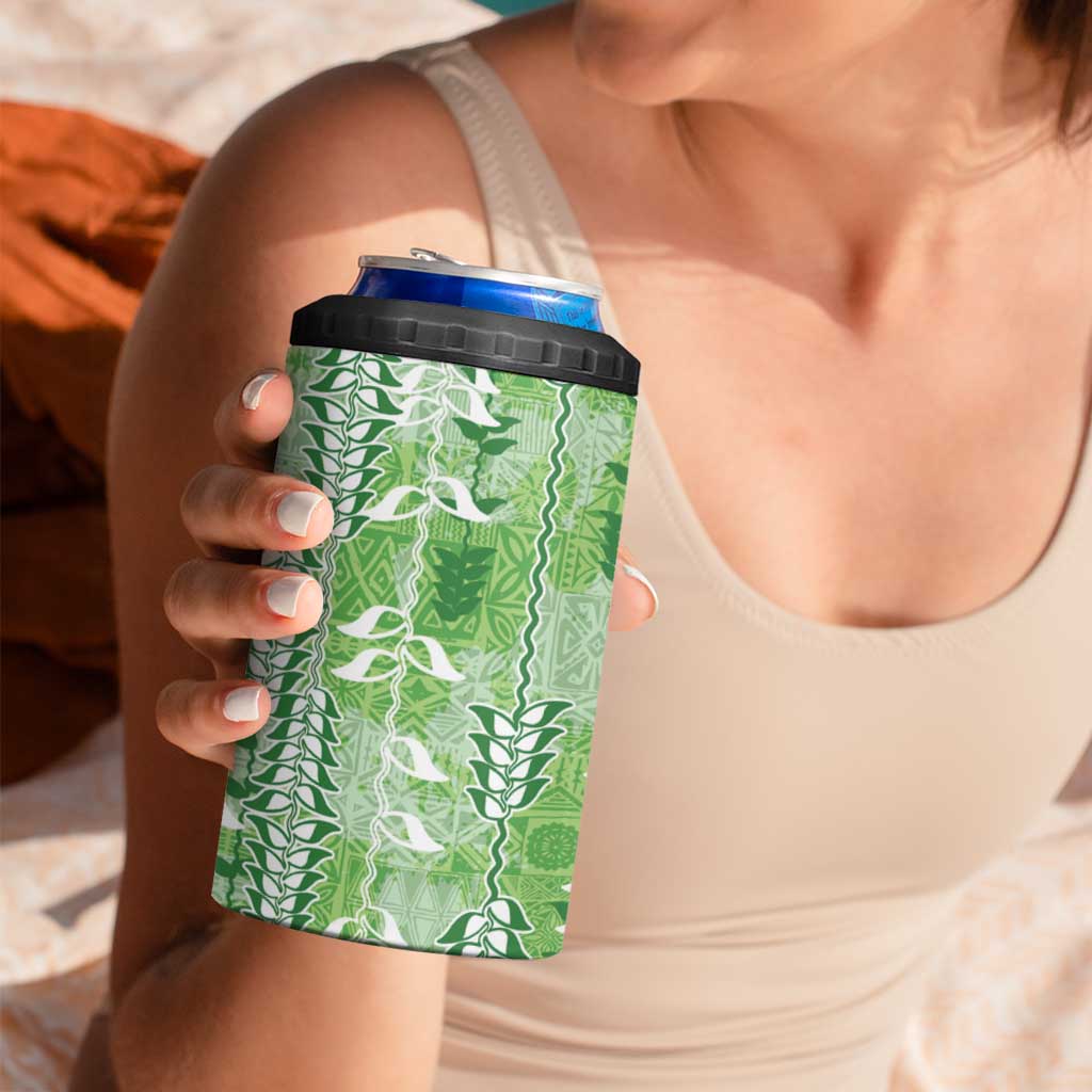 Green Hawaii Tapa Pattern 4 in 1 Can Cooler Tumbler With Heliconia Vintage Style