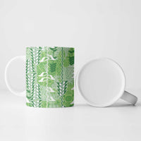 Green Hawaii Tapa Pattern Ceramic Mug With Heliconia Vintage Style