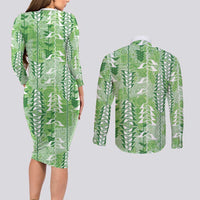 Green Hawaii Tapa Pattern Couples Matching Long Sleeve Bodycon Dress and Long Sleeve Button Shirt With Heliconia Vintage Style