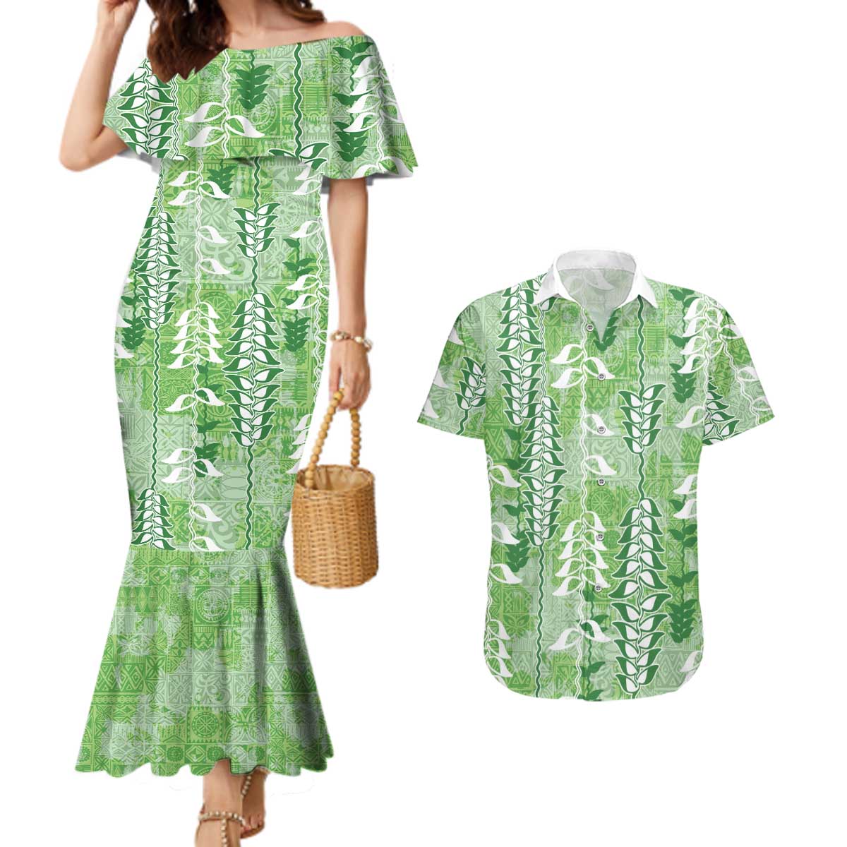 Green Hawaii Tapa Pattern Couples Matching Mermaid Dress and Hawaiian Shirt With Heliconia Vintage Style