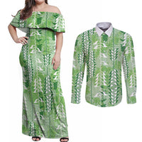 Green Hawaii Tapa Pattern Couples Matching Off Shoulder Maxi Dress and Long Sleeve Button Shirt With Heliconia Vintage Style