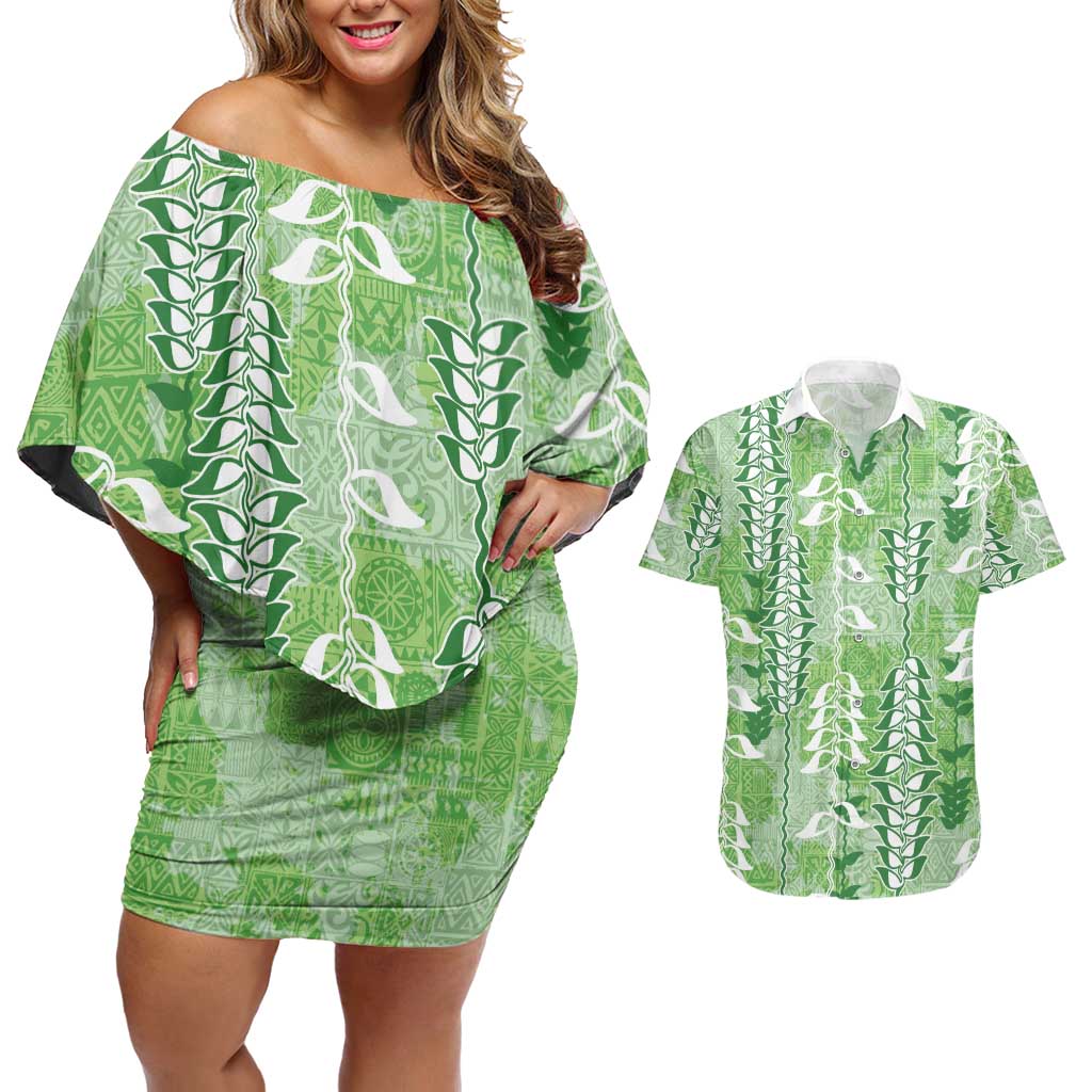 Green Hawaii Tapa Pattern Couples Matching Off Shoulder Short Dress and Hawaiian Shirt With Heliconia Vintage Style