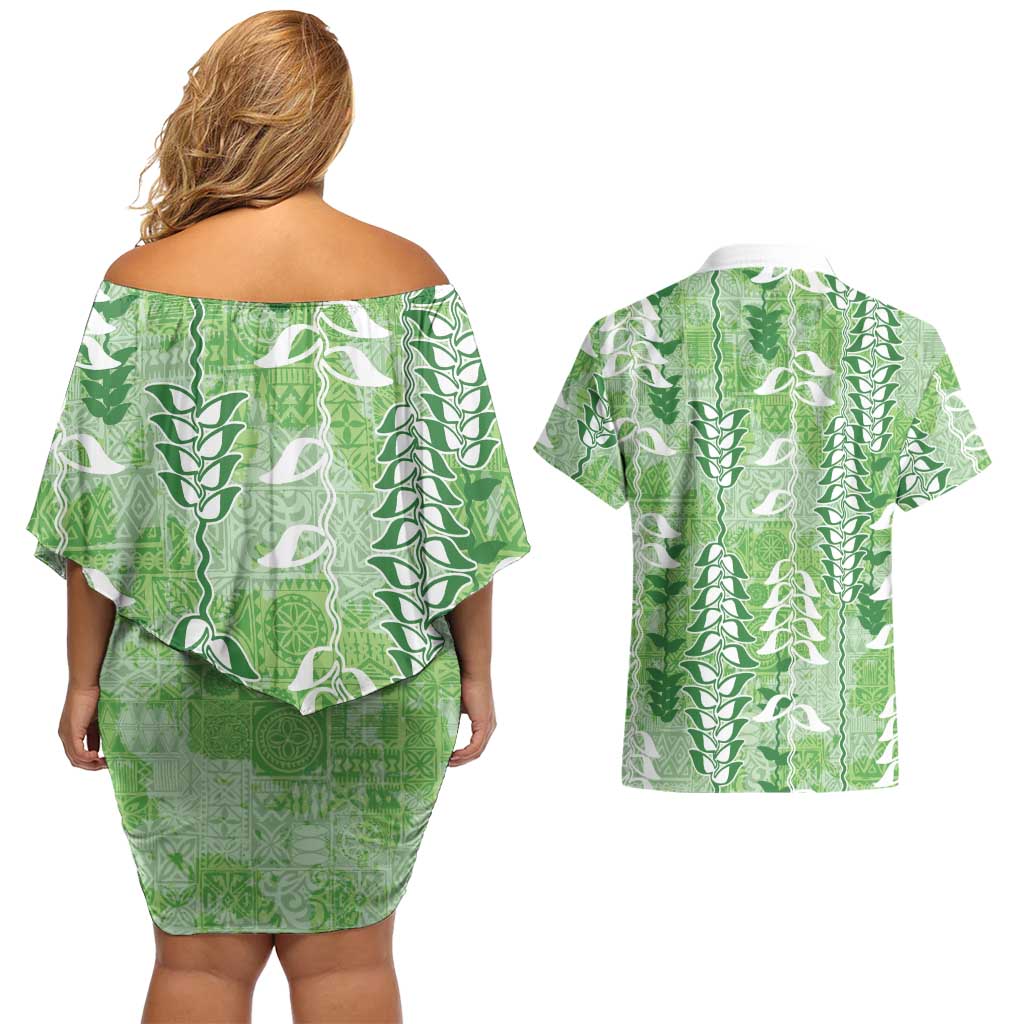 Green Hawaii Tapa Pattern Couples Matching Off Shoulder Short Dress and Hawaiian Shirt With Heliconia Vintage Style